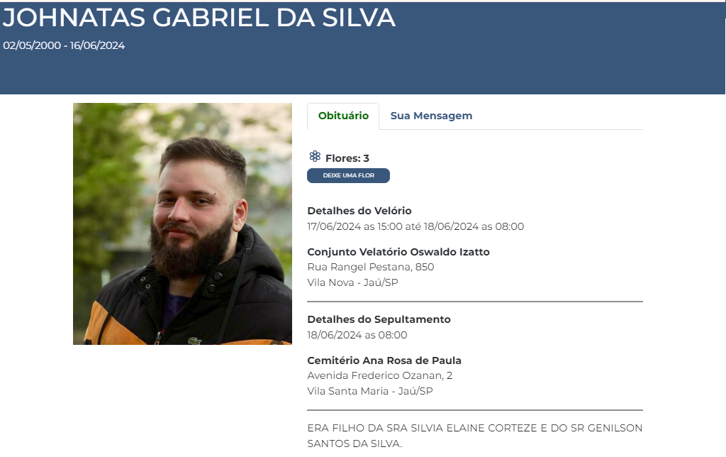 Jhonatan Gabriel da Silva, jovem que morreu ao bater em caçamba sobre avenida, será sepultado às 8h desta terça