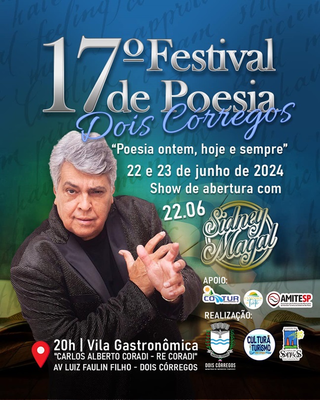 Festival de Poesia vai ter Sidney Magal em Dois Córregos e outras atrações sábado e domingo