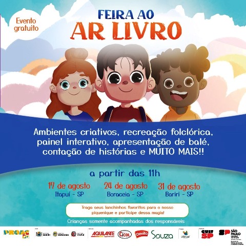 Feira Ao Ar Livro acontece em Itapuí neste sábado, vai para Boracéia dia 24 e para Bariri dia 31