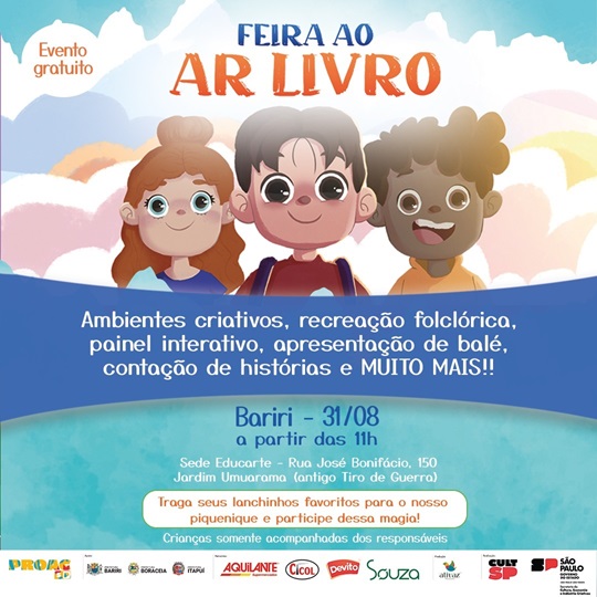 Bariri recebe Feira Ao Ar Livro neste sábado: atividades culturais e educativas voltadas para o universo da leitura