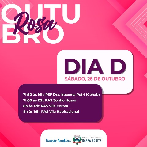 “DIA D” DA CAMPANHA OUTUBRO ROSA OCORRE DURANTE TODO O SÁBADO NA BARRA