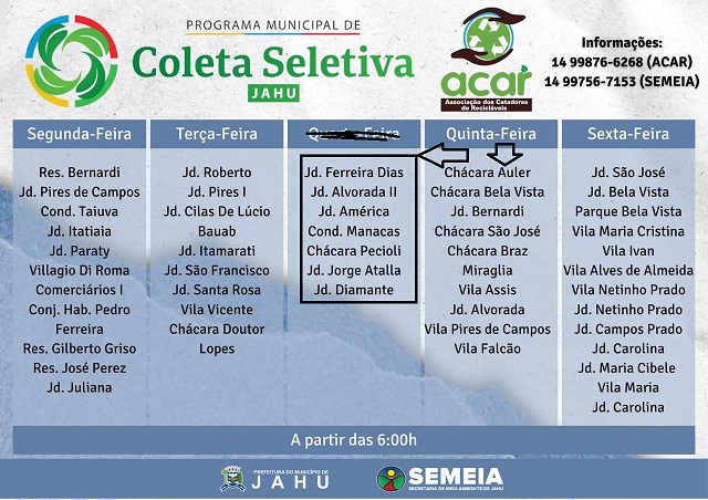 Bairros com coleta seletiva de quarta-feira (feriado) vão ser atendidos na quinta; lixo normal não terá recolha dias 1 e 2