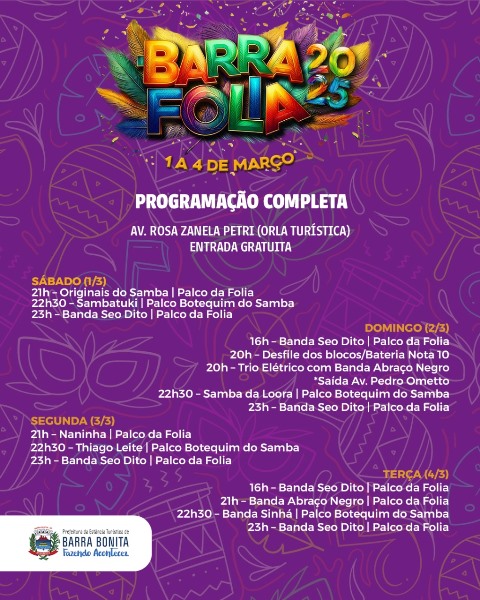 CARNAVAL BARRA BONITA: VEJA A PROGRAMAÇÃO COMPLETA DO BARRA FOLIA 2025: