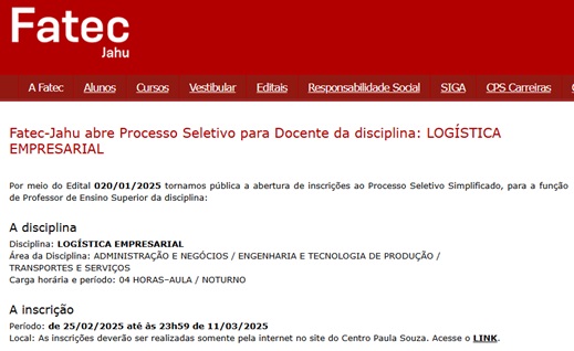 VAGAS PARA PROFESSORES NA FATEC JAHU: VEJA AS DISCIPLINAS À DISPOSIÇÃO