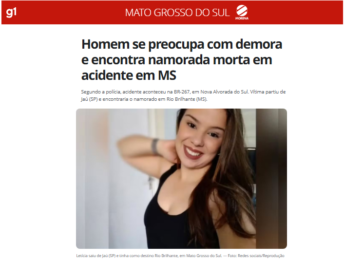 Tragédia no MS: jauense que morreu em acidente  a caminho de reencontro com o namorado foi sepultada domingo