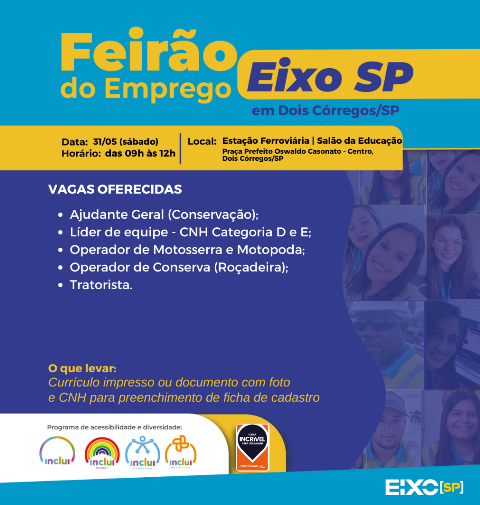Dois Córregos recebe Feirão de Emprego da Eixo SP: vagas para ajudante geral, líder de equipe, tratorista e outras