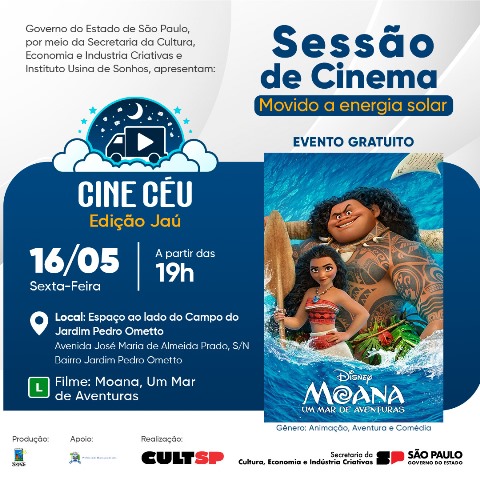 ‘CINE CÉU’: SESSÃO DO FILME “MOANA” SERÁ NESTA SEXTA-FEIRA NO JARDIM PEDRO OMETTO