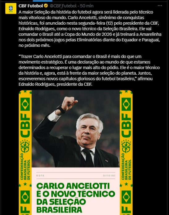 Fim da novela: Carlo Ancelotti é o novo técnico da Seleção Brasileira