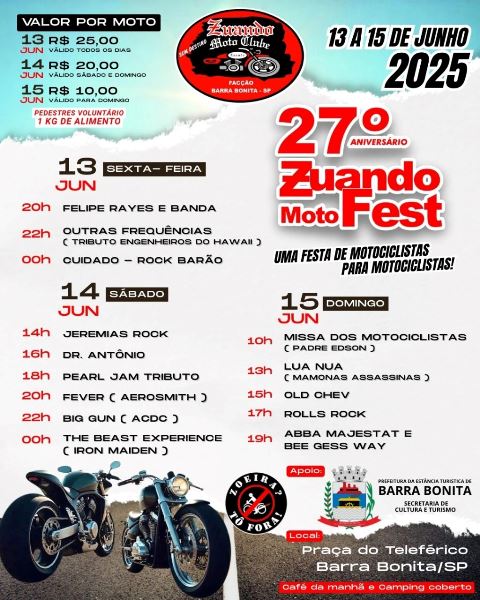 BARRA BONITA: LINE-UP OFICIAL DO ZUANDO MOTO FEST 2025 JÁ ESTÁ NO AR