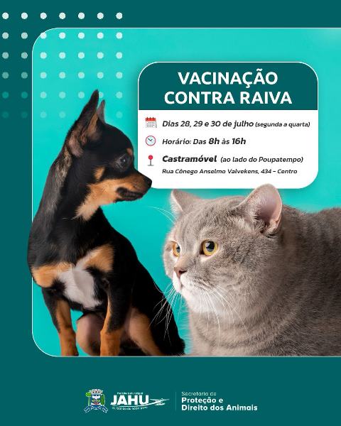 VACINAÇÃO CONTRA RAIVA NO CASTRAMÓVEL NOS DIAS 28, 29 E 30