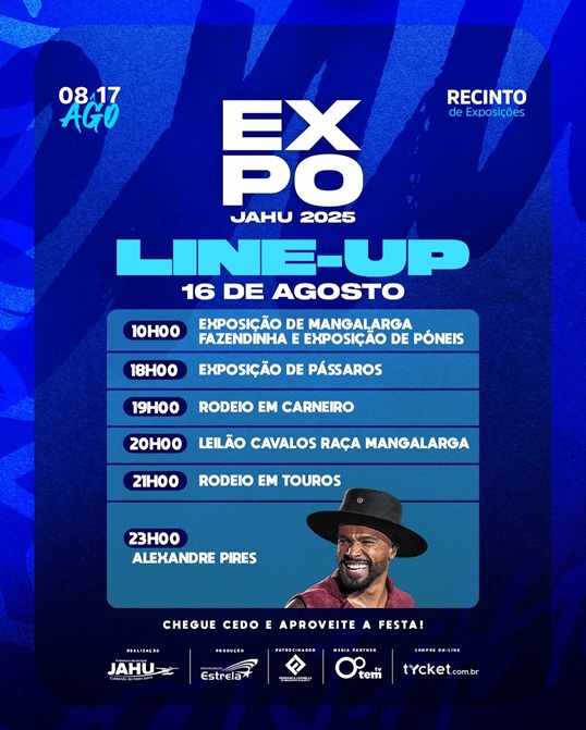 EXPO JAHU 2025 TEM SÁBADO DE GRANDES ATRAÇÕES E SHOW DE ALEXANDRE PIRES