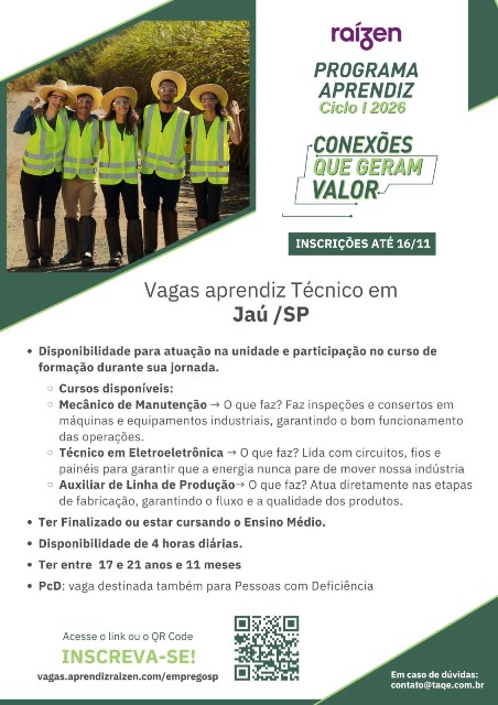 Raízen está com vagas abertas para o Programa Aprendiz em Jaú: para jovens de 17 a 21 anos