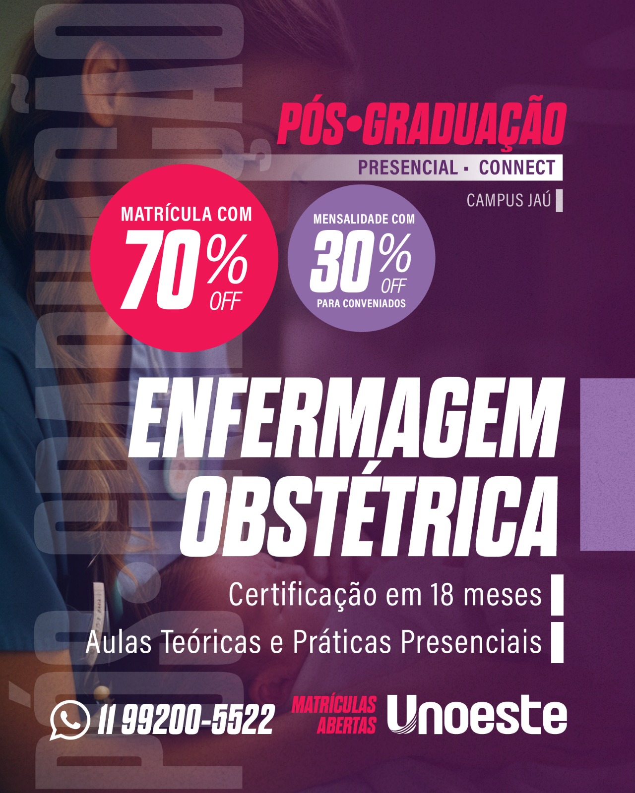 Curso de Enfermagem em Obstetrícia da Unoeste Jaú está com turma quase formada: matrículas até 25 de novembro