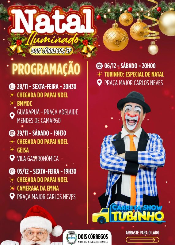 Dois Córregos Brilha com o “Natal Iluminado 2025” – Veja programação completa com trem, Tubinho e Papai Noel