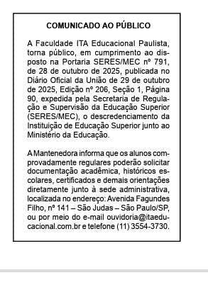 COMUNICADO AO PÚBLICO DA FACULDADE ITA EDUCACIONAL PAULISTA