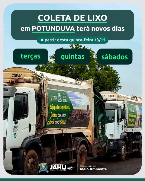 Potunduva terá novos dias de coleta de lixo; horário permanece o mesmo