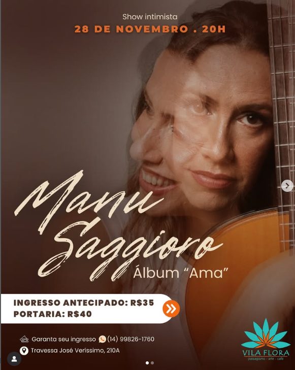 MANU SAGGIORO APRESENTA SHOW INTIMISTA DE LANÇAMENTO DE CD NA VILA FLORA NESTA SEXTA