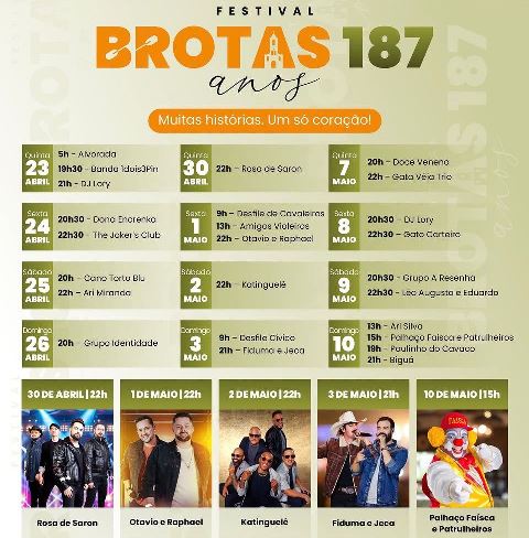 ANIVERSÁRIOS EM FESTA: BROTAS E BORACÉIA MOVIMENTAM A REGIÃO COM PROGRAMAÇÃO ESPECIAL NO FIM DE SEMANA