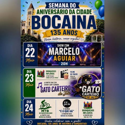 Bocaina faz três dias de festa para comemorar os 135 anos da cidade de hoje até domingo