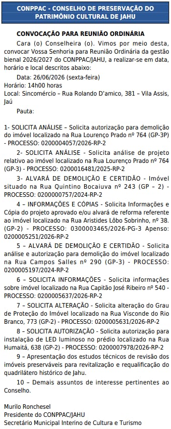 CONPPAC convoca reunião para analisar demolições, projetos e futuro dos imóveis históricos de Jahu