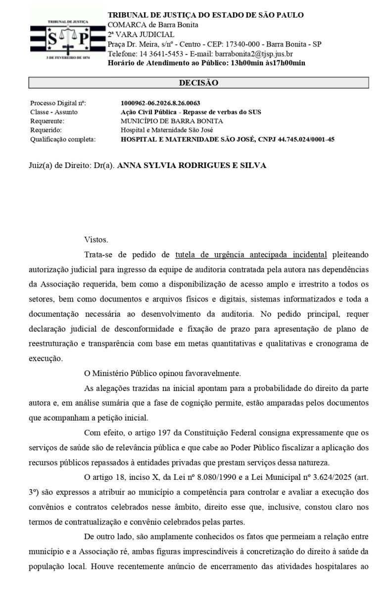 COMUNICADO DA PREFEITURA DA BARRA: JUSTIÇA LIBERA AUDITORIA NO HOSPITAL SÃO JOSÉ APÓS RECUSA DA DIREÇÃO