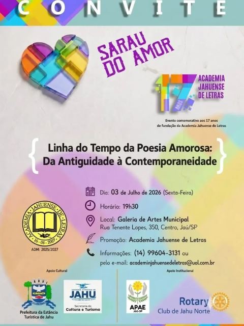 Academia Jahuense de Letras promove Sarau do Amor: poesia amorosa ao longo do tempo nesta sexta-feira