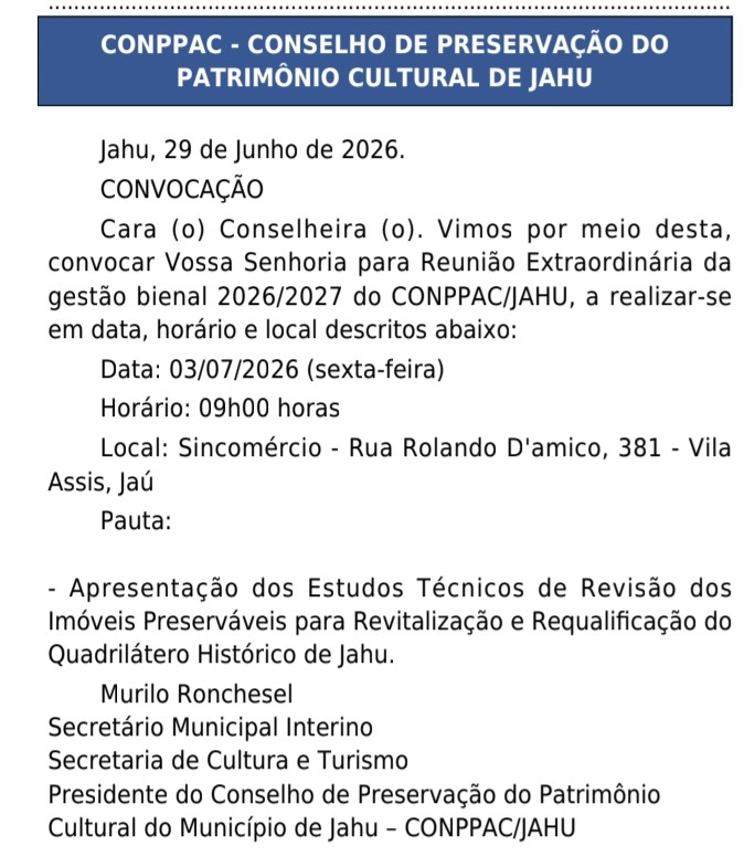 Reunião sobre revisão do patrimônio histórico de Jaú é remarcada para esta sexta-feira: debate sobre futuro do Quadrilátero Histórico