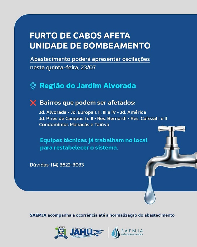 Furto de cabos em sistema de abastecimento pode deixar sem água bairros da região do Alvorada em Jaú