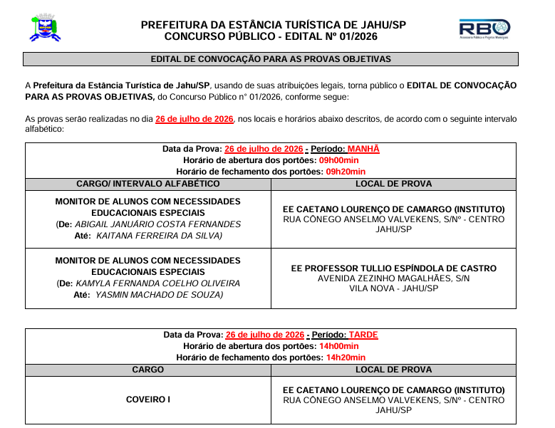 Concurso da Prefeitura de Jahu: candidatos já podem consultar locais de provas marcadas para o dia 26