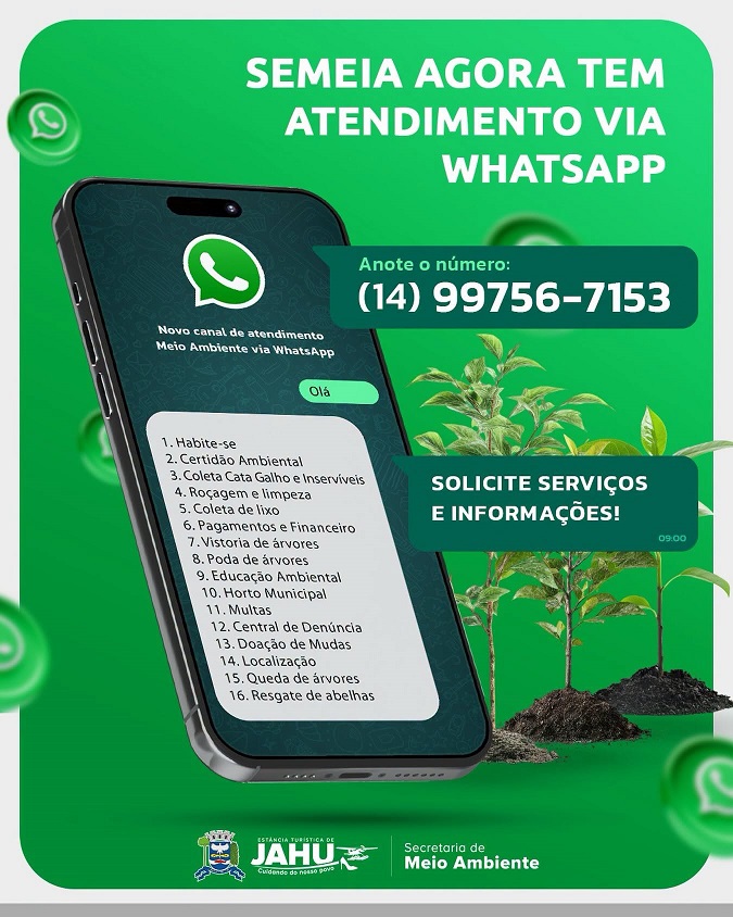 Secretaria do Meio Ambiente atende por WhatsAPP para coleta de galhos, denúncias e outros assuntos. Pedido de poda e corte é só presencial